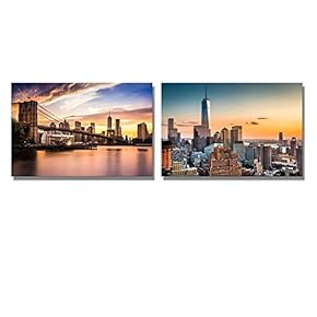 Lower Manhattan Skyline and Brooklyn Bridge at Sunset...