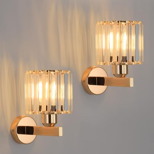 ANWIO Gold Crystal Wall Light, Modern Wall Light with E27 Base, Crystal Glass Wall Lights Interior, Wall Lamp for Bedroom, Kitchen, 2 Units (Bulbs Excluded)