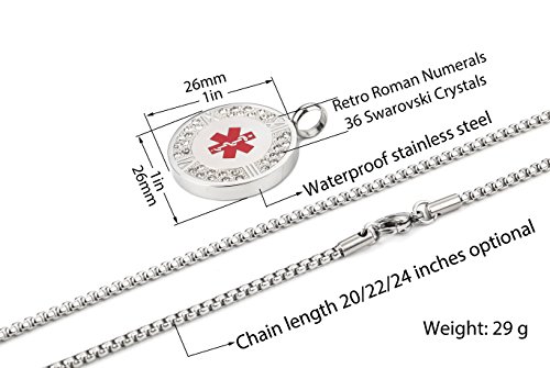 Medical Alert ID Necklace Stainless Steel Crystals Dog Tag for Women 24 inch Free Engraving - Thumbnail 3