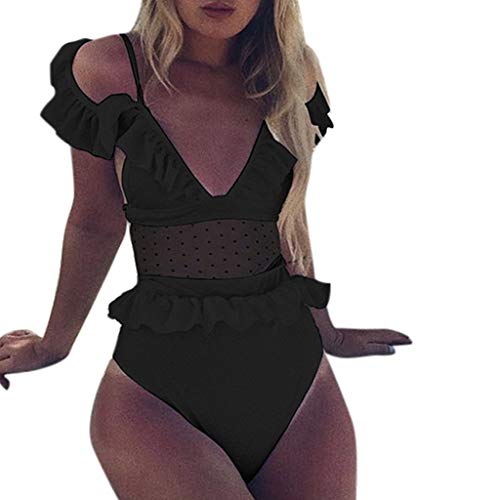Nacome Women Sexy One Piece Deep Plunge Lace Sheer Halter Monokini Swimsuits (Black, S)