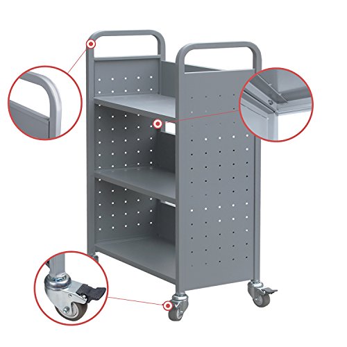 Heavy Duty Book Carts with 3 Single-sided Book Shelves, Rolling Book Storage Rack with Lockable Wheels 200lbs Capacity (Grey) - Thumbnail 7