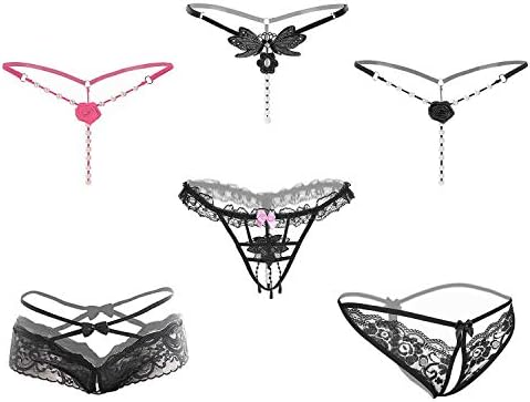 ZOEON Women's T-String Panties, Pearls G-Strings Underwear, Breathable Lace Thong, Pack of 6 Black