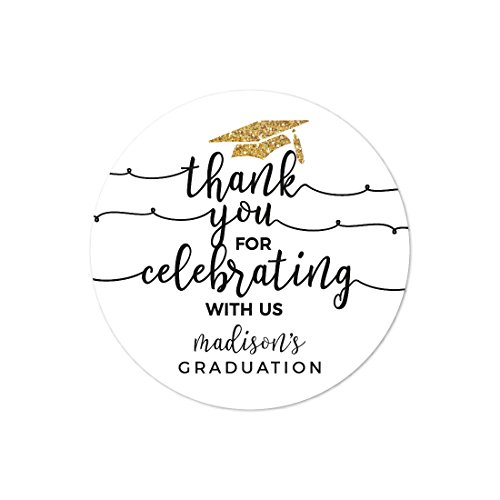 Andaz Press White and Gold Glittering Graduation Party Collection, Personalized Round Circle Label Stickers, Thank You for Celebrating With Us, 40-Pack, Madison's Graduation Custom Name