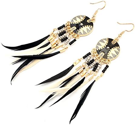 SUNGULF Bohemian Beaded Small Feather Drop Dangle Earrings Vintage Long Tassel Earrings (Black)