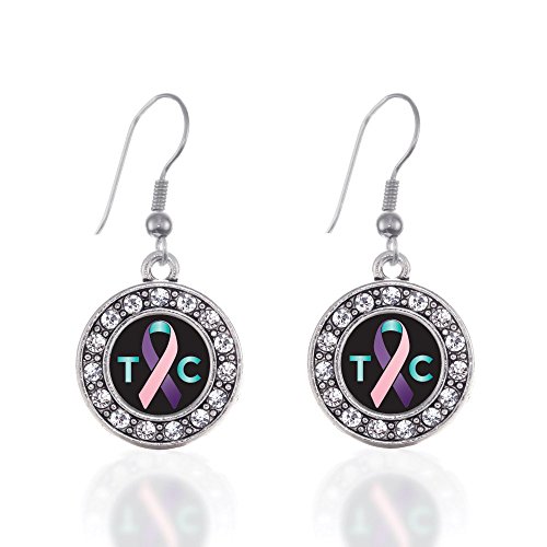 Thyroid Cancer Support Circle Charm Earrings French Hook Clear Crystal Rhinestones