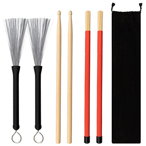 COCODE 1 Pair 5A Drum Sticks Maple Drumsticks Set 1 Pair Drum Wire Brushes Retractable Drum Stick Brush and 1 Pair Hot Rods Drum Sticks for Jazz Acoustic Music Lover Gift with Portable Storage Bag