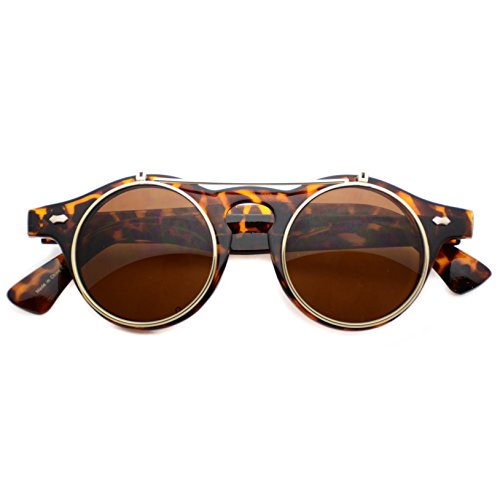 Flip up Cyber Steampunk Round Circle Retro Sunglasses (Tortoise, 43)