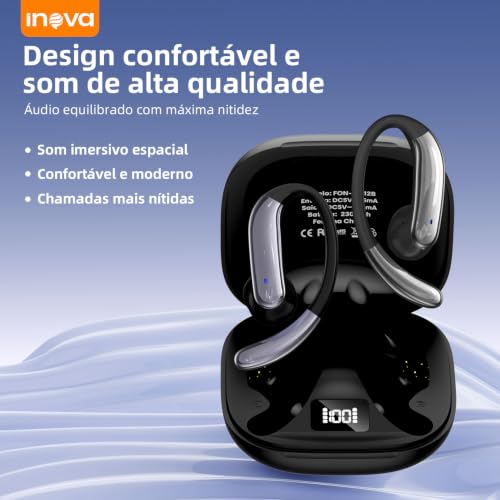 Fone de Ouvido Sem Fio, INAVA, Fone de Ouvido Esportivos Bluetooth 5.4, 48 Horas, com Indicador LED de Bateria, Prova d'água IPX7, Adequados para Exercícios Físicos e Corrida​ - Preto