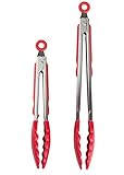 Crtch Kitchen Tongs For Cooking, Salad, Grilling, Barbecue With Silicone Tips- Heat Resistant, Durable, Locking Metal Tongs Stainless Steel (Red Tips)