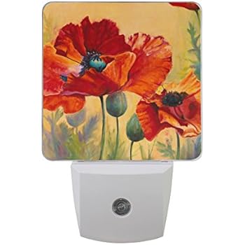 Naanle Set of 2 Red Poppy Flower Floral On Orange Background Auto Sensor LED Dusk to Dawn Night Light Plug in Indoor for Adults