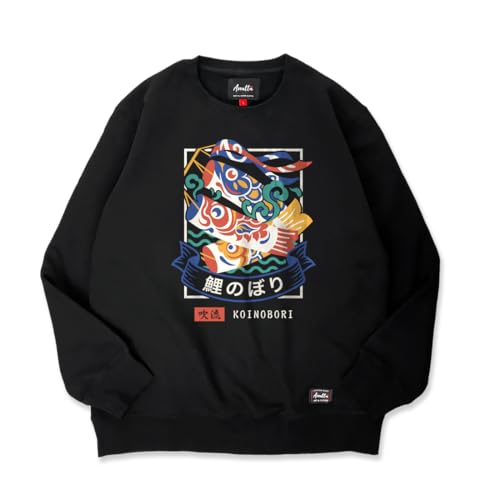 Anatta | Koinobori - Japanese style - Men’s Graphic Sweatshirt - Designed & Printed in Canada - Polar Fleece Inside (US, Alpha, Large, Regular, Regular, Koinobori-Black) at Amazon