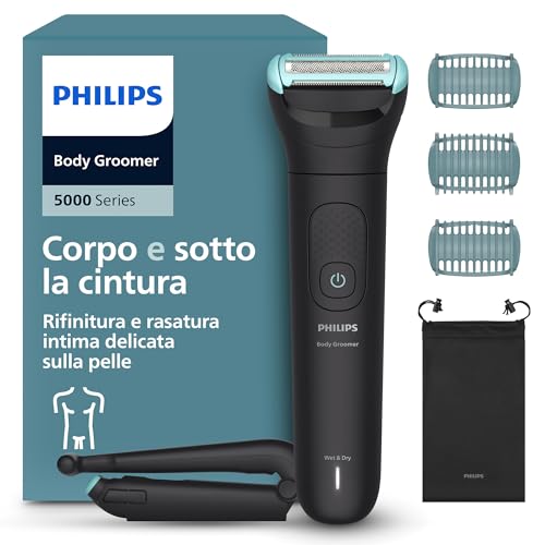 Bodygroom series 5000 - Rifinitore per uomo tripla protezione, Rifinitura e rasatura intima, Accessorio per la schiena pieghevole, Impermeabile 100%, 100 minuti di autonomia, Modello BG5480/15