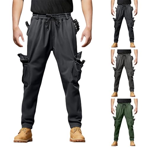 Mens Winter Cargo Trousers, Elastic Waist Drawstring Work Pants Casual Solid Color Joggers Trousers Outdoor Thermal Walking Trouser with Multiple Pockets Combat Tactical Sport Trouser