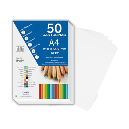 - Cartulinas Blancas A4 (50 uds.) - Tamaño 21x29,7 cm, Grosor 180 g/m², Manualidades, Impresión y Material Escolar