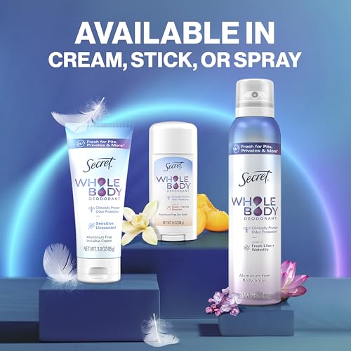 SECRET WHOLE BODY DEODORANT CREAM FOR WOMEN, PEACH & VANILLA BLOSSOM SCENT, ALUMINUM FREE DEODORANT, 72 HR ODOR PROTECTION, 3.0 OZ