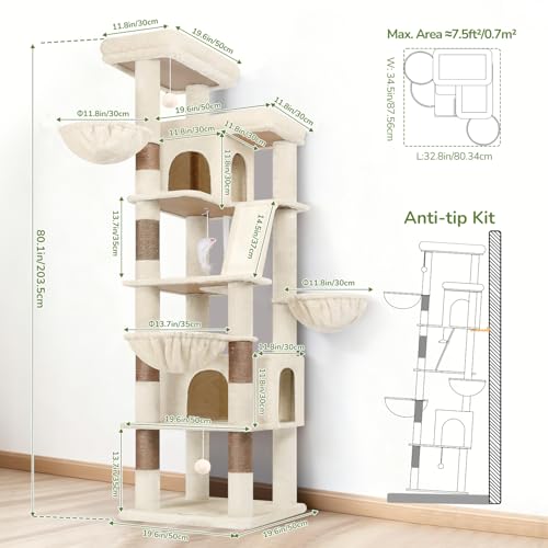 Globlazer Beige XXL Cat Tree Large 204 cm with 2 Huge Padded Platform 50 x 30 cm, 2 Large Kennels, 3 Soft Baskets, Sisal Board, Stable Cat Trees for 3-5 Cats Indoor (S80G, Beige)