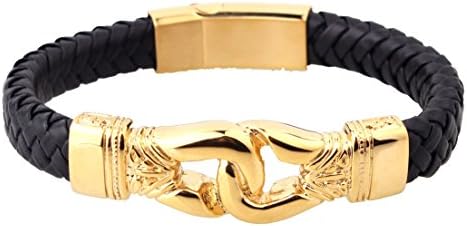 Bestss Jewelry Top Quality Stainless Steel Silver Gold Tone Handcuff Men's Biker Black Leather Bracelet Jewelry (Gold Black)