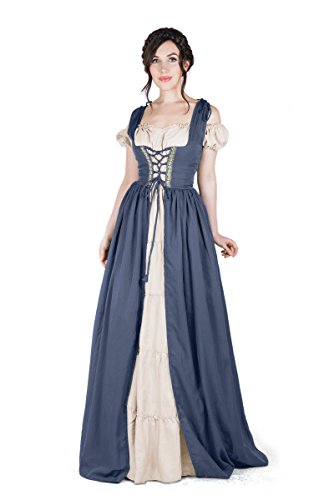 Renaissance Medieval Irish Costume Over Dress & Boho Chemise Set (L/XL, Charcoal)