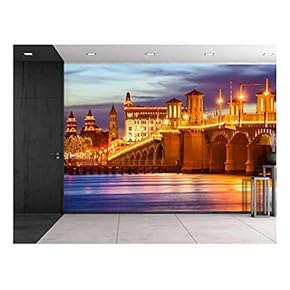 Large Wall Mural - Beautiful Night View of St. Augustine, Florida, USA City Skyline and Bridge of Lions | Self-Adhesive Vinyl Wallpaper/Removable Modern Decorating Wall Art - 66"x96"