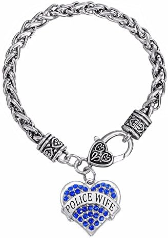 Rhinestone Police Lives Matter Thin Blue Line Antique Silver Heart Charm Wife Bracelet