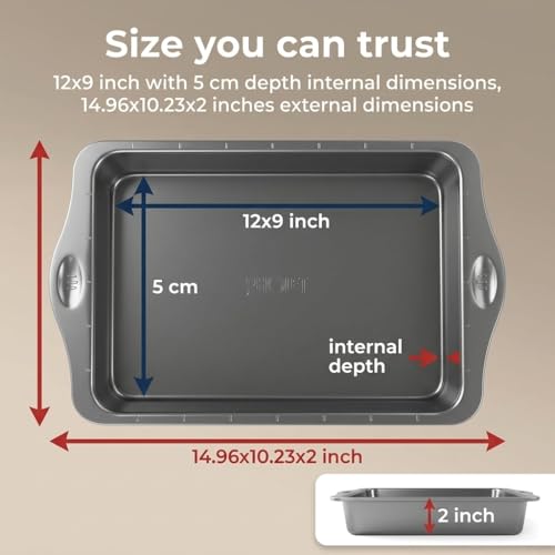 Rholet Brownie Tin Large Traybake Roasting Tray | Quantum II Non Stick Coating, 5cm Deep Pan with Cutting Guides, Rectangle Swiss Roll Tin, Easy Clean Heavy Duty