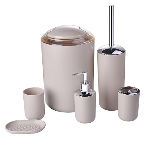 6 Pcs Plastic Bathroom Accessory Set Luxury Bath Accessories Bath Set Lotion Bottles, Toothbrush Holder, Tooth Mug, Soap Dish, Toilet Brush, Trash Can, Rubbish Bin (Cream)