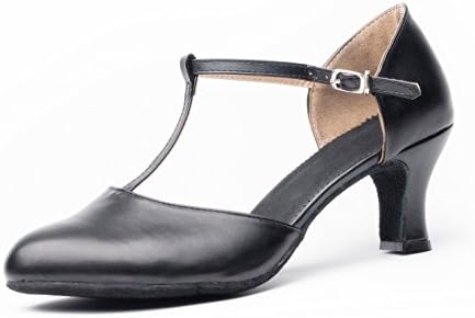 Joocare Women Black Leather T-Strap Latin Ballroom Character Dance Shoes Ladies Salsa Party Dancing Shoes