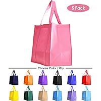 5 Pack Heavy Duty Grocery Tote Bag, Pink Color Large & Super Strong, Reusable Shopping Bags with Stand-up PL Bottom, Non-Woven Convention Tote Bags, Premium Quality (Set of 5, Pink)