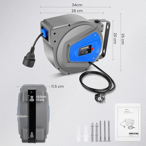 Himimi Automatik Kabeltrommel 15 m + 1 m 1500 W ~ 3000 W Kabelaufroller Automatisch Stromtrommel Schlauchaufroller, Verlängerungskabel außen Wandmontage Überlastschutz, Wand Deckenmontage 180° drehbar