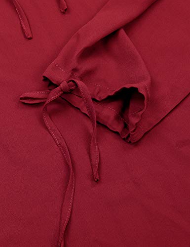 Blooming Jelly Womens Red Lace Top Tie V Neck Long Sleeve Shirt Ruffles Loose Elegant Blouse (Medium, Red)