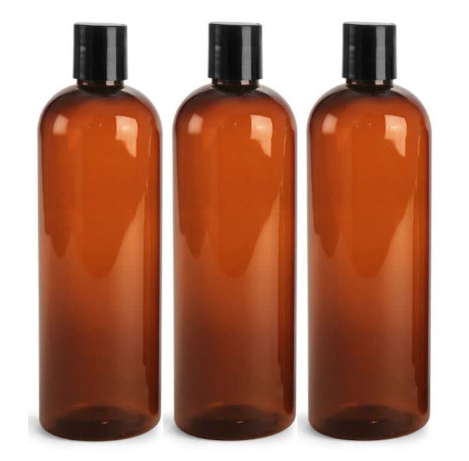 Photo 1 of MountainLeaf 3 Pack 16 oz Plastic Empty Bottles with Black Press Disc Caps for Shampoo, Lotion, Hand Sanitizer, Dish Soap Etc., Refillable, BPA Free, Made in U.S.A (Amber bottle)
