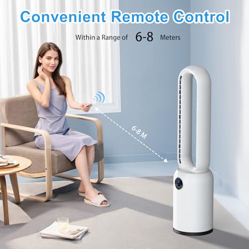 Bladeless Tower Fan, 90CM Tower Fan with Remote & LED Display, 24 Speeds & 12H Timer 90° Oscillating Pedestal Fan Cooling Bladeless Fan, Low Noise Standing Fan for Indoor, Bedroom, Home, Office