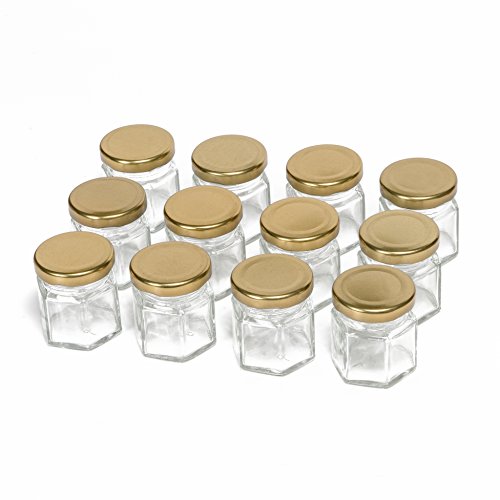 Hexagon Glass Jars by Nellam - 1.5oz, 12 Pack. Includes 24 Chalk Sticker Labels and 2x Chalk Pen. DIY Jars for Canning, Party Favors, Jams, Sauces, Herbs, Spices. (Gold Lid - 12 Pcs)