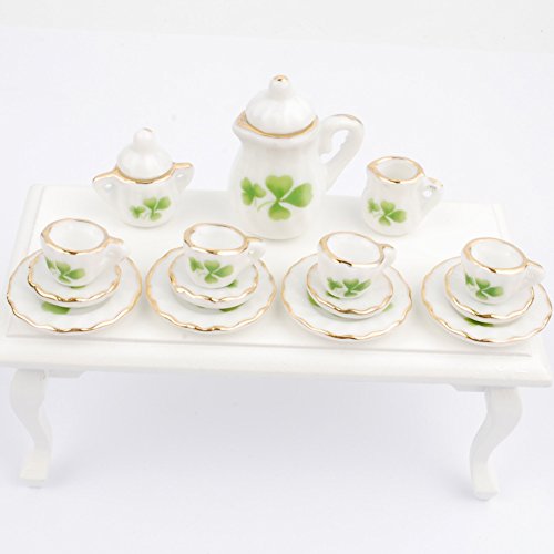 NW 1 Set 15 Pieces 1:12 Ceramics Tea Cup Set Lovely Dollhouse Decoration Set Dollhouse Kitchen Accessories(#6)
