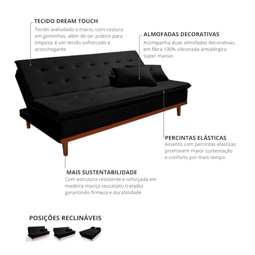 Sofá-Cama Reclinável 3 Lugares Santorini em Veludo Casal com Pés de Madeira (PRETO)