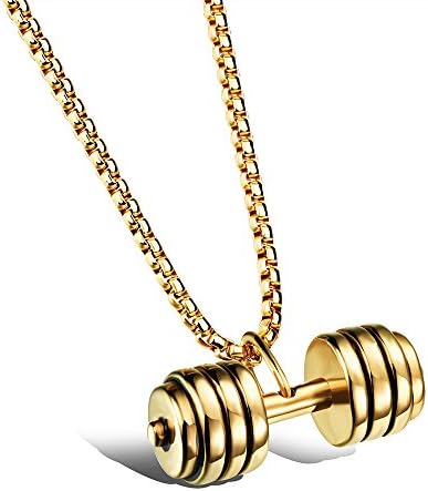JEZRINB Fashion Sports Jewelry Men's Stainless Steel Barbell Dumbbell Pendant Chain Necklaces (Golden)