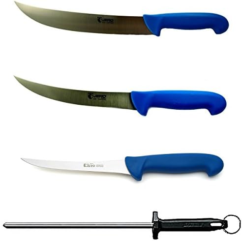 Jero 4 Piece P3 Butcher Meat Processing Set, Cimeter, Breaking, and Boning Knives, Plus 10" Polished Mundial Steel