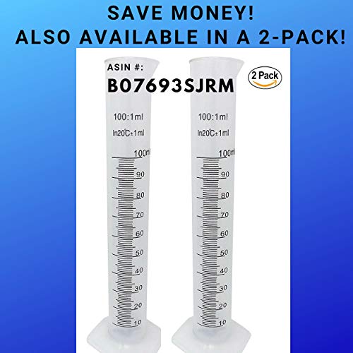 100ml Plastic Graduated Cylinder Beaker - 100ml Science Measuring Test Tube Flask, 2-Sided Marking - Black and Raised Graduation Lines, Pour Spout