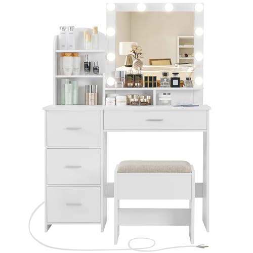 Quimoo Makeup Vanity with 10 Light Bulbs and Charging Station, Vanity