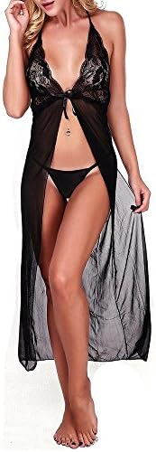 VOTEKI Women's Black Lace Babydoll Sleepwear Sexy Lingerie Long Nightdress Set with G-string (S)
