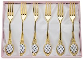 European Collection NY-3072F 6-Pc Fork Set for Fruit, Dessert, Pastry, Salad, 24 Karat Plated Stainless Steel, Original White Ceramic Handles with Cobalt Blue Net Ornament