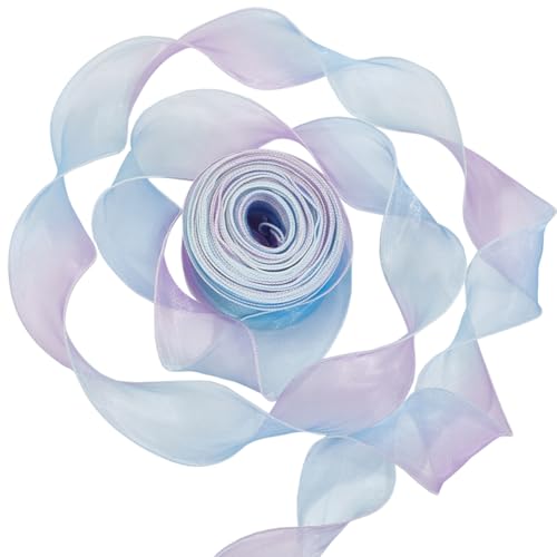 CABODYALS 35M 60mm Blue Shimmer Iridescent Ribbon Organza Chiffon Sheer Fabric Gradient Transparent Ruffled Trim Fishtail Tulle Ribbons for Gift Wrapping Diy Craft Wedding Invitation Decor Bouquet