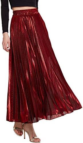 KENANCY Women's Metallic Shiny Accordion Pleated Long Maxi Party Skirt