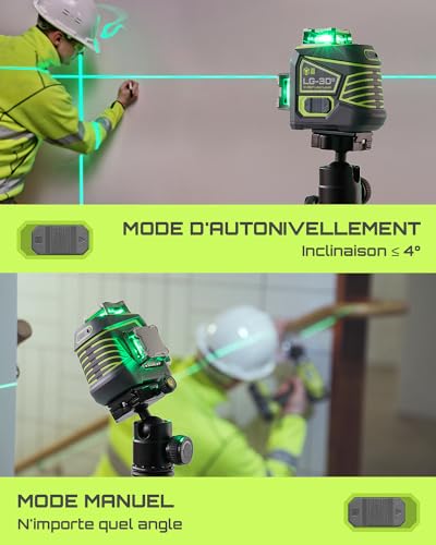 LasGoo 3x360° Self Leveling Laser Level, Green Cross Line Laser for Building and Hanging Photos, Rechargeable Battery, Remote Control, Magnetic Rotary Bracket Included - LG-3Dx
