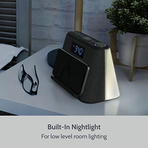 Alarm Clock Bedside Non Ticking LCD Alarm Clock with USB Charger & Wireless QI Charging, Bluetooth Speaker, FM Radio, RGB Mood LED Night Light Lamp, Dimmable Display and White Noise Machine - Thumbnail 4