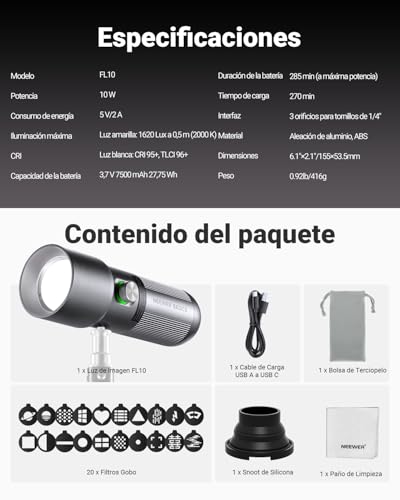 NEEWER Basics RGB Photography Flashlight, 4 Color/20 Gobo Filter/CRI95+/7500 mAh,10W 6300K Portable LED Spotlight Environmental Video Aluminum Sunset Effect for Studio Lighting Recording, FL10