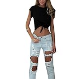 EFINNY Women Summer Tie Front Short Sleeve Tank Tees Daw Navel Round Neck Crop Top