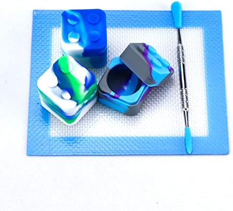 Auchee Wax Oil Silicone Jar Kit 11ml Square Stackable Jar(3) + Silver Carving Tool(1) + 5.5x4.5'' Silicone Mat Nonstick Herb Stash Container for Lip Balm,Concentrate (3pack 11ml Le go Jar Kit-Blue)