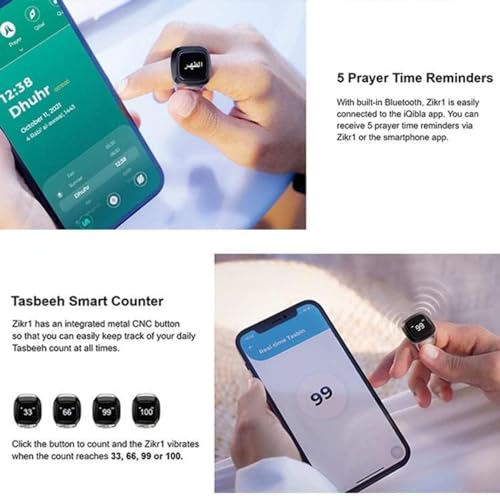 Smart Tasbih Zikr Ring E01 Muslim Prayer Timing Reminder with OLED Display, Tasbih Counter, Wearable Technology, 5 Time App Notification (Black Gray, 18mm)