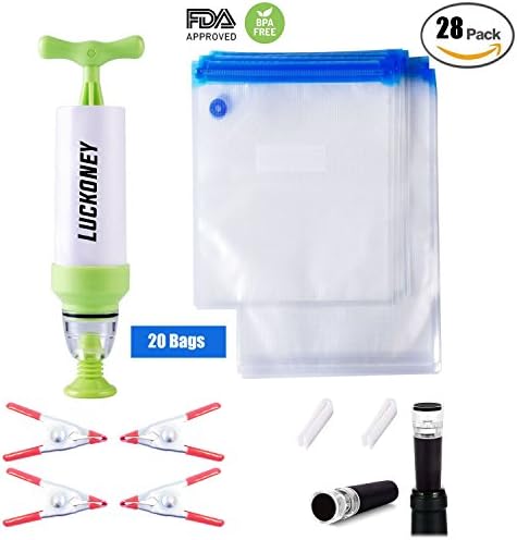 Sous Vide Bags Kit for Anova Cookers - 20 BPA Free Food Vacuum Sealed Bags, 1 Hand Pump, 2 Bag Sealing Clips and 4 Sous Vide Clips, Reusable &amp; Easy to Use, Practical for Food Storage &amp; Cooking